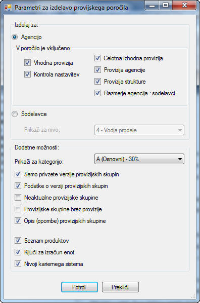 Parametri za izdelavo provizijskega poročila